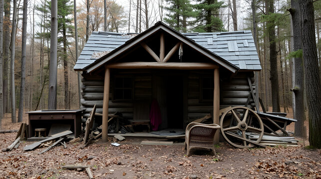 An old, deserted cabin in the woods with broken furniture