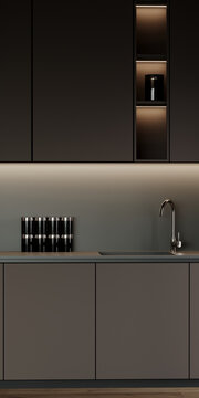Kitchen cabinets dark color. Minimalistic verical scene with accents