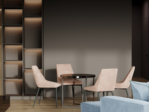 Dining lounge set in hotel room. Cozy dark minimalist interior design