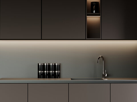 Kitchen scene closeup to countertop and cabinets. Dark brownish color