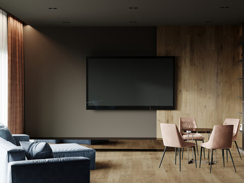 Lounge living room in hotel with tv area. Dark colors and mirrors