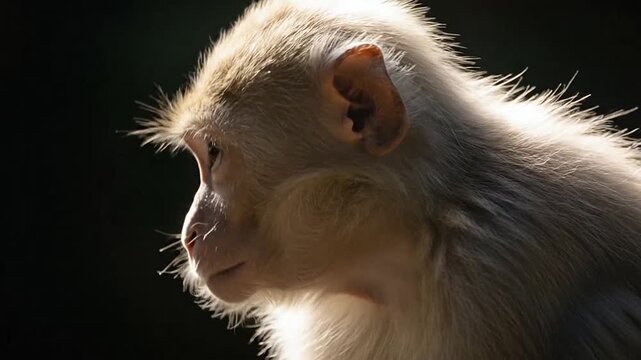 Thoughtful Macaque monkey profile in dramatic natural light against a dark background, looking observant.