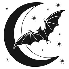 A black bat flies in front of a crescent moon © Forida