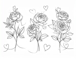 Elegant Line Art Roses with Hearts - Delicate Floral Illustration for Design.