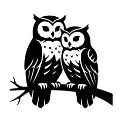 Cute Owl Couple Sitting on Branch Love Birds Silhouette Romantic Animal Vector Illustration