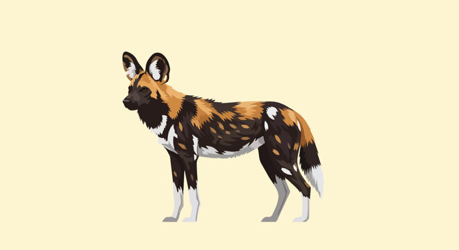 Vibrant vector illustration of an African painted dog showcasing its distinctive mottled coat and alert stance