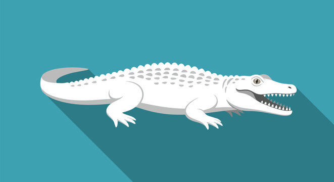 Stylized flat design illustration of a rare albino alligator creature on a bright teal background.