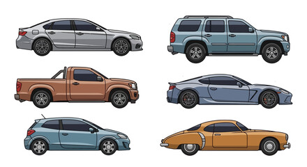 Collection of various car models illustrations for transportation and design projects