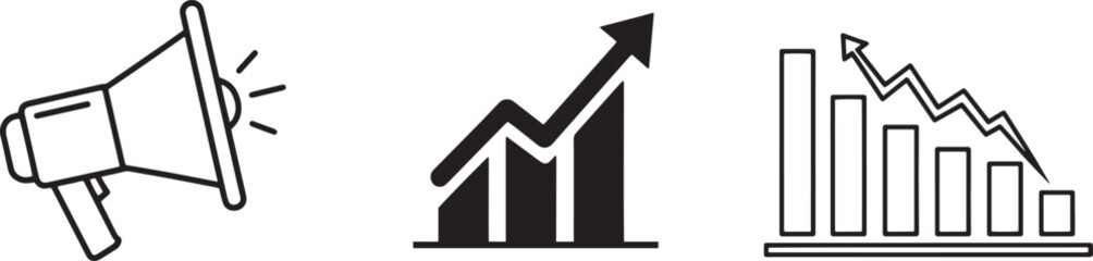 Set of three vector icons megaphone, growing bar chart, and declining bar chart isolated on transparent background