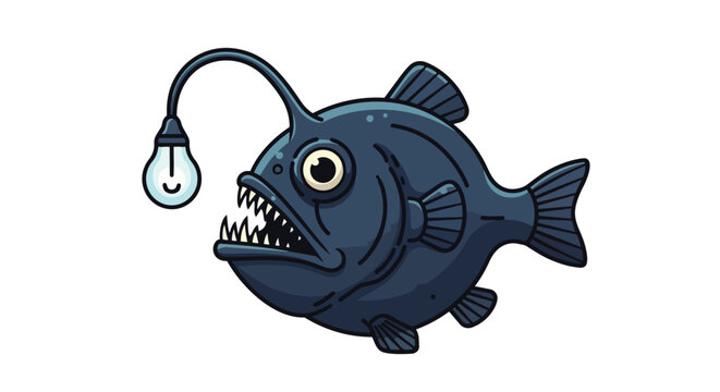 A whimsical deep-sea anglerfish cartoon with a grinning light bulb lure, an ideal illustration for children's educational materials and marine