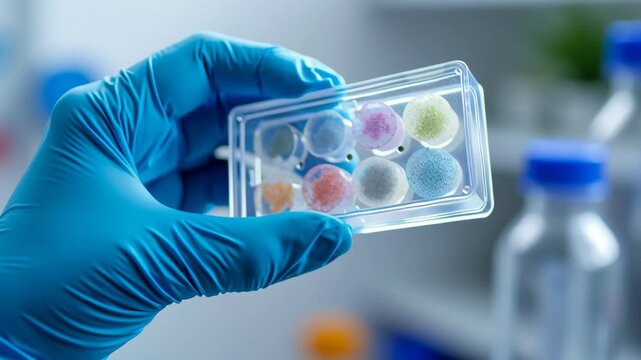 Colorful cell culture and mold samples petri dish held by hand with blue glove inside laboratory setting showing bacterial