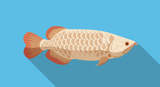 A contemporary flat design illustration of an arowana fish displaying its prominent scales and vivid orange fins swimming gracefully against a clear