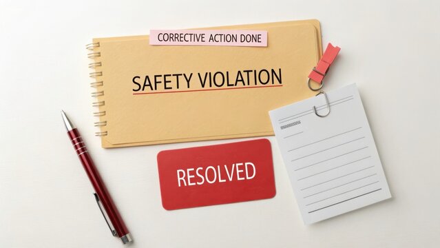 Document with note on safety violation corrective action resolved, stationery items, and writing tools on white background
