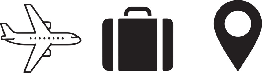 Fototapeta premium Outline airplane, solid suitcase, and map pin location icons for travel and tourism concepts