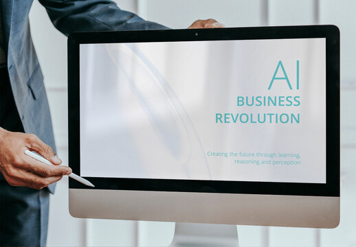 AI Business Revolution Concept On Desktop Screen Mockup PSD