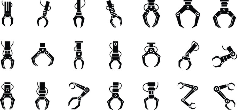 Robotic Arm Claw Gripper Icon Set with Industrial Robot Hand Variations Black Silhouette Vector Collection for Automation and Manufacturing
