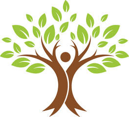 Obraz premium Tree with Human Figure Logo Design Symbolizing Growth, Nature, Wellness, and Family Connection Green and Brown Vector Illustration