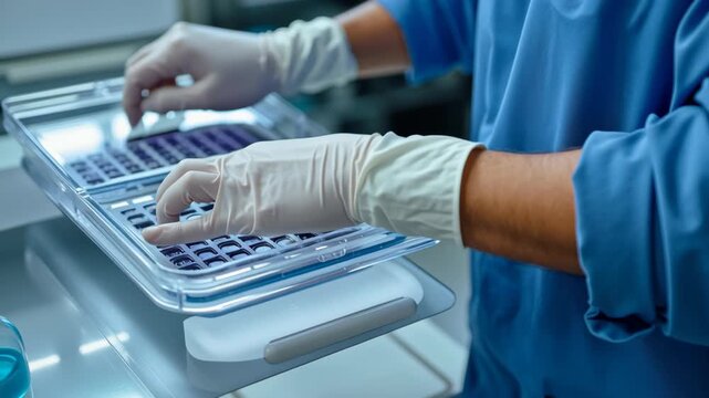 Medical professional handling transparent tray with medical instruments and gloves clinic laboratory for testing and research work
