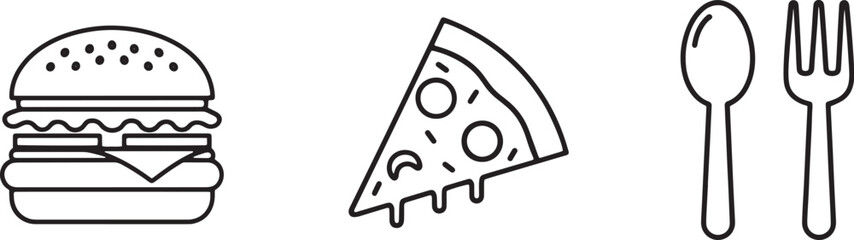 Outline burger, pizza slice, and spoon and fork icons for food and restaurant themes