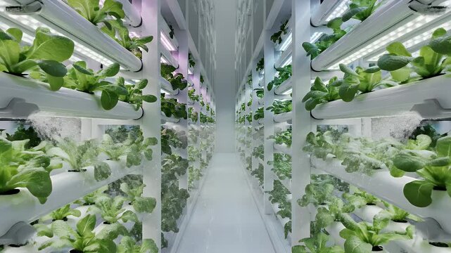 Rows Of Lush Green Plants Growing In A Brightly Lit Vertical Hydroponic Farm Corridor With White Shelving And Led Lights Illuminated