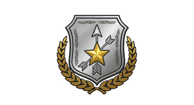 Military coat of arms emblem with shield, arrows, star, and laurel wreath isolated on transparent background