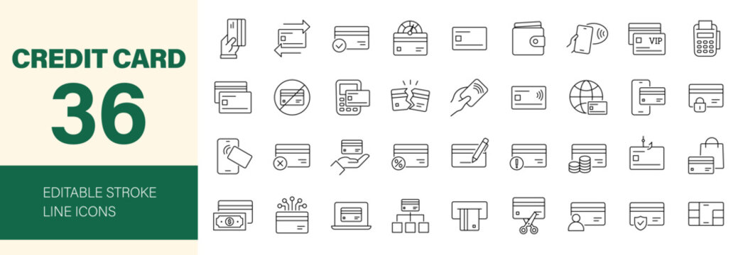 Credit card icon set. Editable line icons. Vector illustration.
