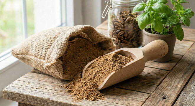 Sustainable alternative protein cricket flour in wooden scoop with dried edible insects