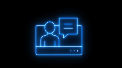 a blue neon outline icon of a person speaking with a speech bubble on a screen isolated on black background representing online communication and digital interaction