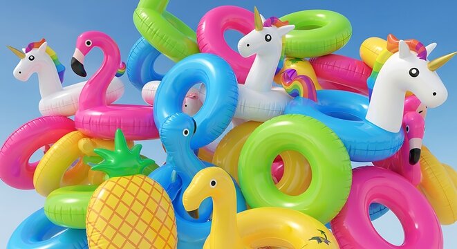 Colorful inflatable pool toys including flamingos, unicorns, pineapples, and rings stacked together against a blue background