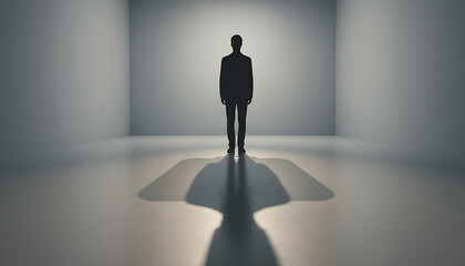 Obraz premium Solitary figure in an empty chamber, spotlighted, casting a long shadow, symbolizing future paths and introspection