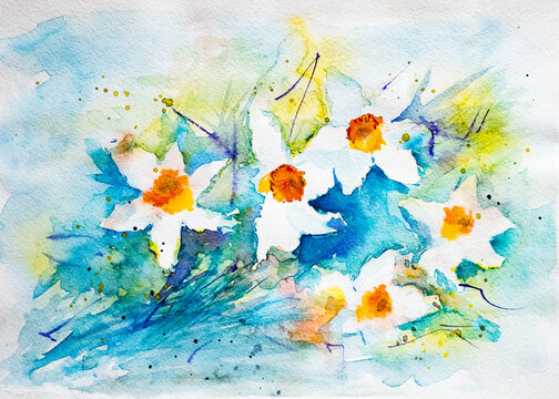 Vibrant daffodils bloom in watercolor