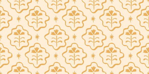 Seamless pattern with freehand ink doodle abstract flowers on butter yellow. Trendy floral block print background. Hand drawn vector illustration. Boho, cottage core, retro wallpaper. © Radiocat
