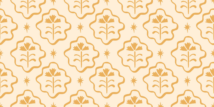 Seamless pattern with freehand ink doodle abstract flowers on butter yellow. Trendy floral block print background. Hand drawn vector illustration. Boho, cottage core, retro wallpaper.