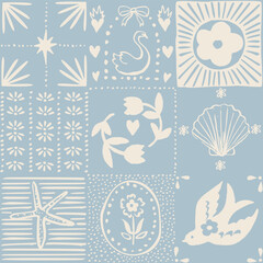 Seamless checkered pattern with Hand drawn ink vector floral, birds and seashell doodles. Square tiles vector illustration. Trendy aesthetic geometric  monochrome background. Boho, cottage core wallpa © Radiocat