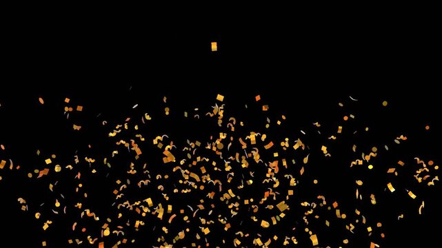3d animation of golden confetti falling on transparent background, anniversary, birthday or wedding celebration. Video with alpha channel