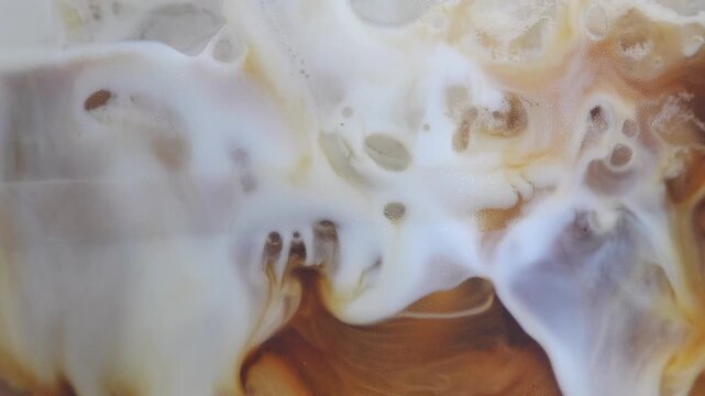 4K Milk swirling into coffee abstract marble patterns Close up beverage background with creamy texture, minimal cafe concept and soft liquid motion.