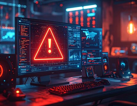 Cybersecurity Threat Alert on Computer Screen in Dark Server Room.