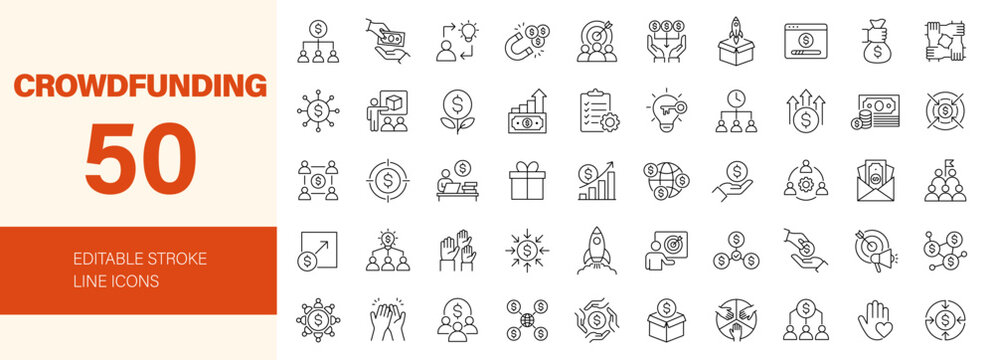 Crowdfunding icon set. Editable line icons. Vector illustration.