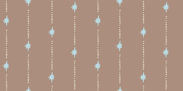 Seamless pattern with freehand ink doodle abstract stars. Trendy vintage vertical stripe background. Hand drawn vector illustration. Boho, cottage core, retro wallpaper in blue and brown.