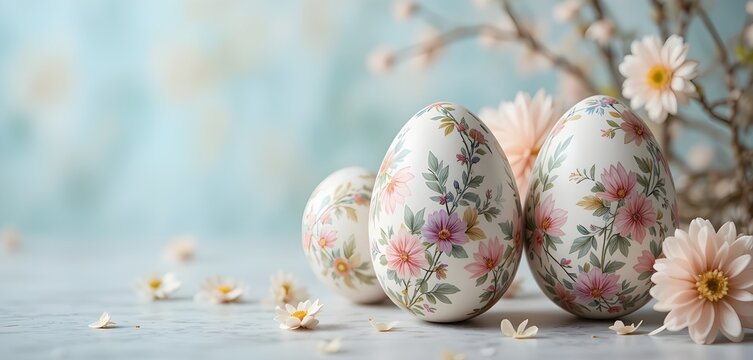 Hand-painted Easter eggs with delicate floral patterns, elegant pastel color palette.