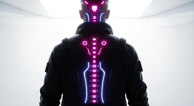 Futuristic cyberpunk man with glowing neon spine backshot