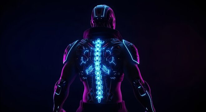 Cybernetic Humanoid with Glowing Blue Neon Spine Backshot