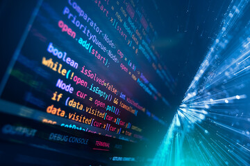 Obraz premium Digital blue binary code background representing a conceptual high-tech data display for global business communication and financial security in a modern network environment