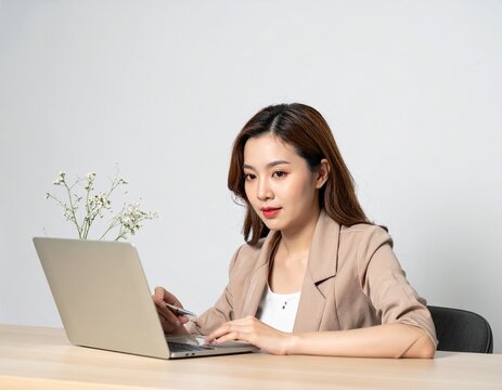 Focused Young Asian Businesswoman Working on Laptop at Desk.