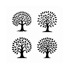 Set of organic tree vector icons, natural environmental oak symbols, forest plant silhouettes for brand identity