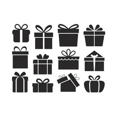 Set of gift box vector silhouettes, present package icons for birthday, Christmas, and holiday celebration shopping