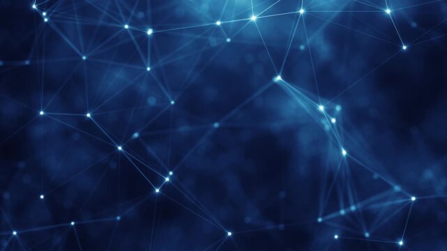 Abstract Digital Network Background With Glowing Nodes And Connecting Lines Representing Data Flow, Artificial Intelligence, Big Data, Cloud Computing, And Modern Technology Communication Systems.