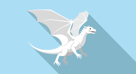 Graceful white mythical dragon soaring high in a clear blue sky, illustrated in a modern flat design style with long shadows creating a striking