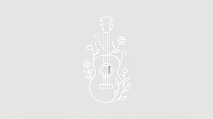 Minimalist line art icon of acoustic guitar with floral design on gray background