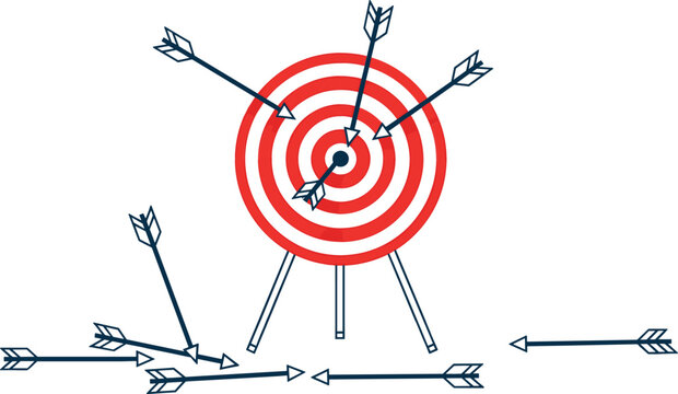 Business goal achievement concept with arrows hitting red target bullseye and scattered failed attempts for persistence and success